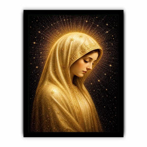 Virgin Mary celestial wall art with glowing golden halo luxury religious canvas print