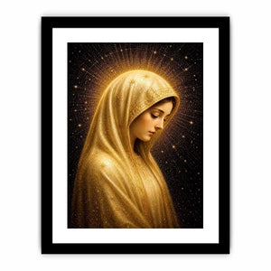 Virgin Mary celestial wall art with glowing golden halo luxury religious canvas print