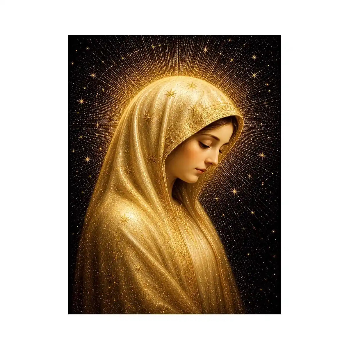 Virgin Mary celestial wall art with glowing golden halo luxury religious canvas print