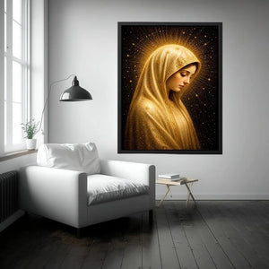 Virgin Mary celestial wall art with glowing golden halo luxury religious canvas print