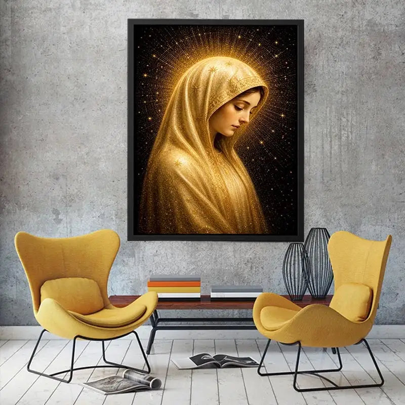 Virgin Mary celestial wall art with glowing golden halo luxury religious canvas print