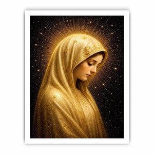 Virgin Mary celestial wall art with glowing golden halo luxury religious canvas print