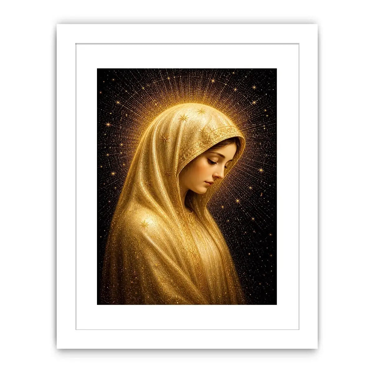 Virgin Mary celestial wall art with glowing golden halo luxury religious canvas print