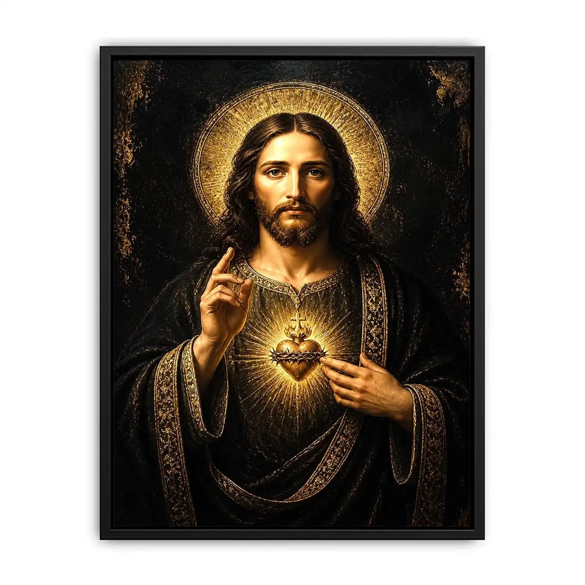 Sacred Heart Jesus black and gold wall art luxury renaissance religious canvas print