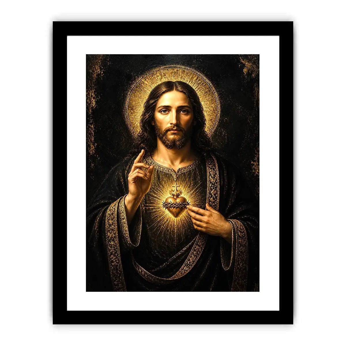 Sacred Heart Jesus black and gold wall art luxury renaissance religious canvas print