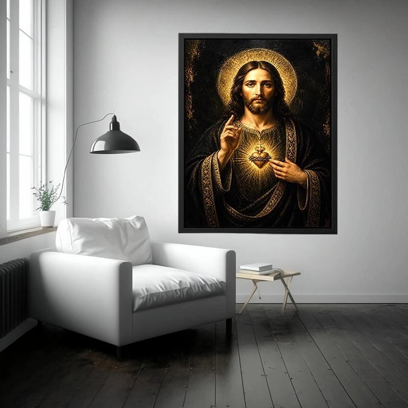 Sacred Heart Jesus black and gold wall art luxury renaissance religious canvas print