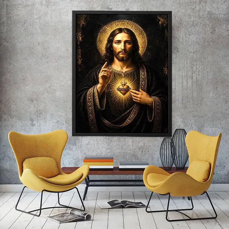 Sacred Heart Jesus black and gold wall art luxury renaissance religious canvas print
