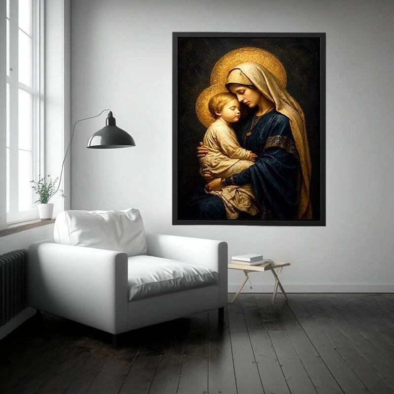 Virgin Mary and Child wall art with golden halo luxury renaissance religious canvas print