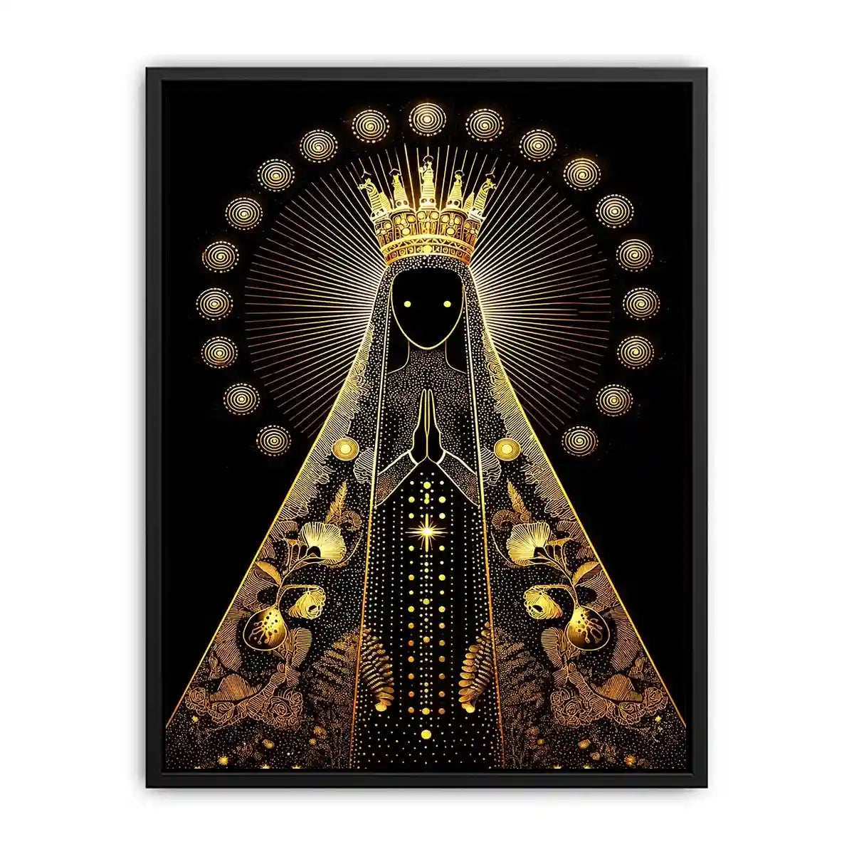 Black and gold Virgin Mary celestial wall art with radiant halo and sacred luxury religious illustration canvas print