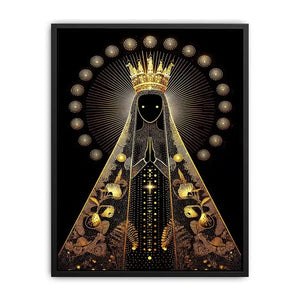 Black and gold Virgin Mary celestial wall art with radiant halo and sacred luxury religious illustration canvas print