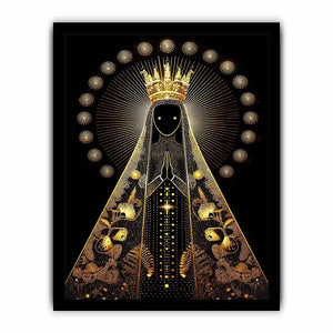 Black and gold Virgin Mary celestial wall art with radiant halo and sacred luxury religious illustration canvas print