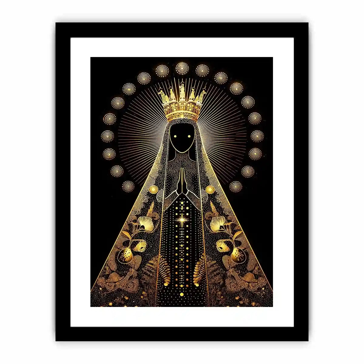 Black and gold Virgin Mary celestial wall art with radiant halo and sacred luxury religious illustration canvas print