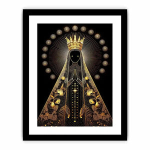 Black and gold Virgin Mary celestial wall art with radiant halo and sacred luxury religious illustration canvas print