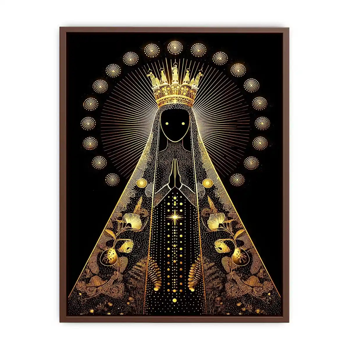 Black and gold Virgin Mary celestial wall art with radiant halo and sacred luxury religious illustration canvas print