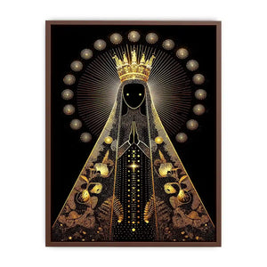 Black and gold Virgin Mary celestial wall art with radiant halo and sacred luxury religious illustration canvas print