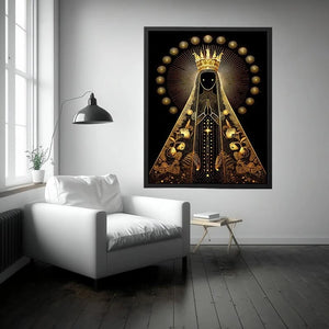Black and gold Virgin Mary celestial wall art with radiant halo and sacred luxury religious illustration canvas print