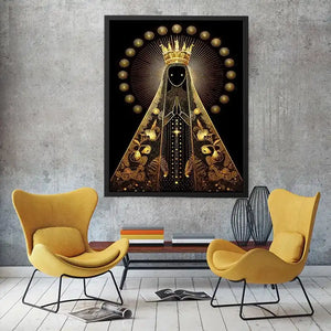 Black and gold Virgin Mary celestial wall art with radiant halo and sacred luxury religious illustration canvas print