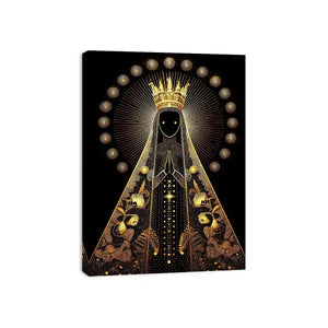 Black and gold Virgin Mary celestial wall art with radiant halo and sacred luxury religious illustration canvas print