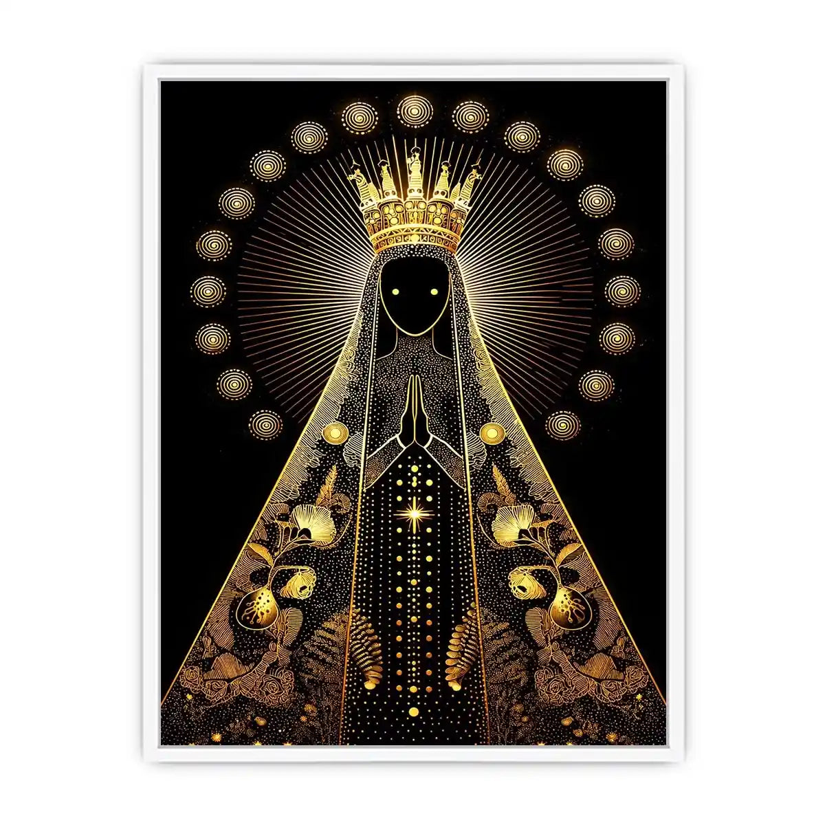 Black and gold Virgin Mary celestial wall art with radiant halo and sacred luxury religious illustration canvas print