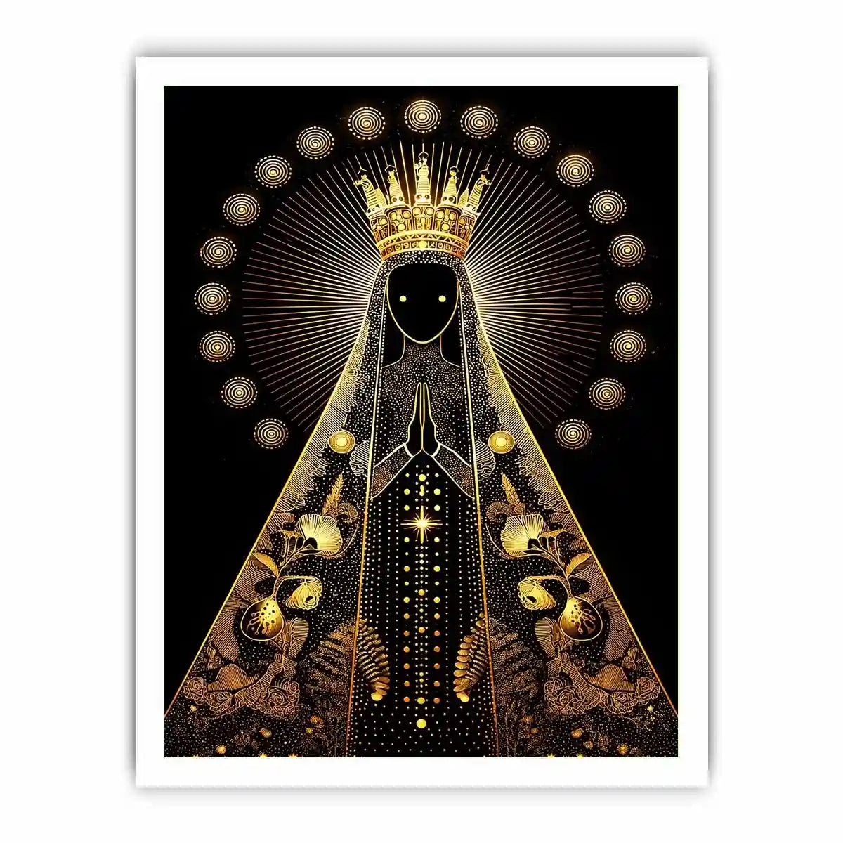 Black and gold Virgin Mary celestial wall art with radiant halo and sacred luxury religious illustration canvas print