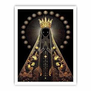 Black and gold Virgin Mary celestial wall art with radiant halo and sacred luxury religious illustration canvas print