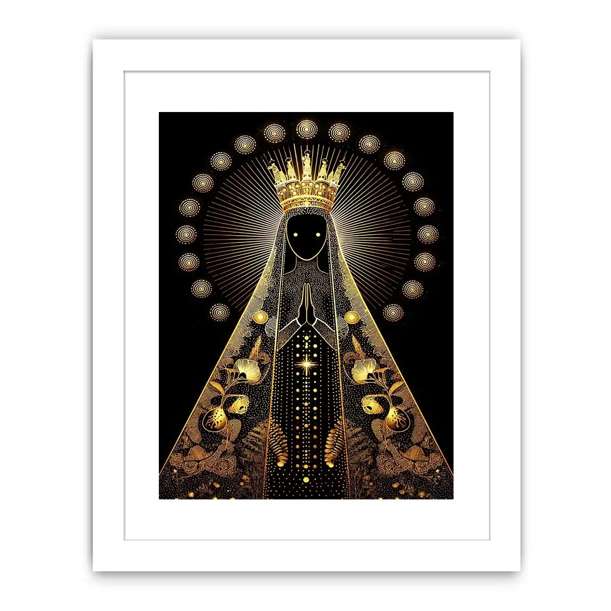 Black and gold Virgin Mary celestial wall art with radiant halo and sacred luxury religious illustration canvas print