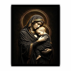 Black and gold Madonna and Child wall art with celestial halo luxury religious canvas print
