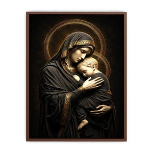 Black and gold Madonna and Child wall art with celestial halo luxury religious canvas print
