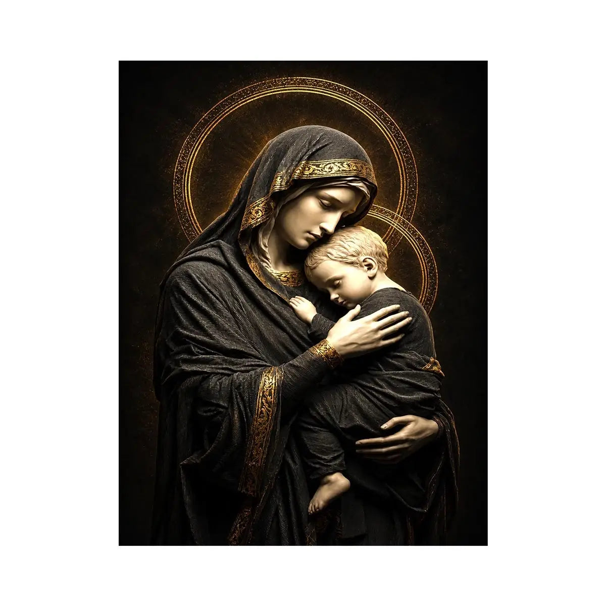 Black and gold Madonna and Child wall art with celestial halo luxury religious canvas print