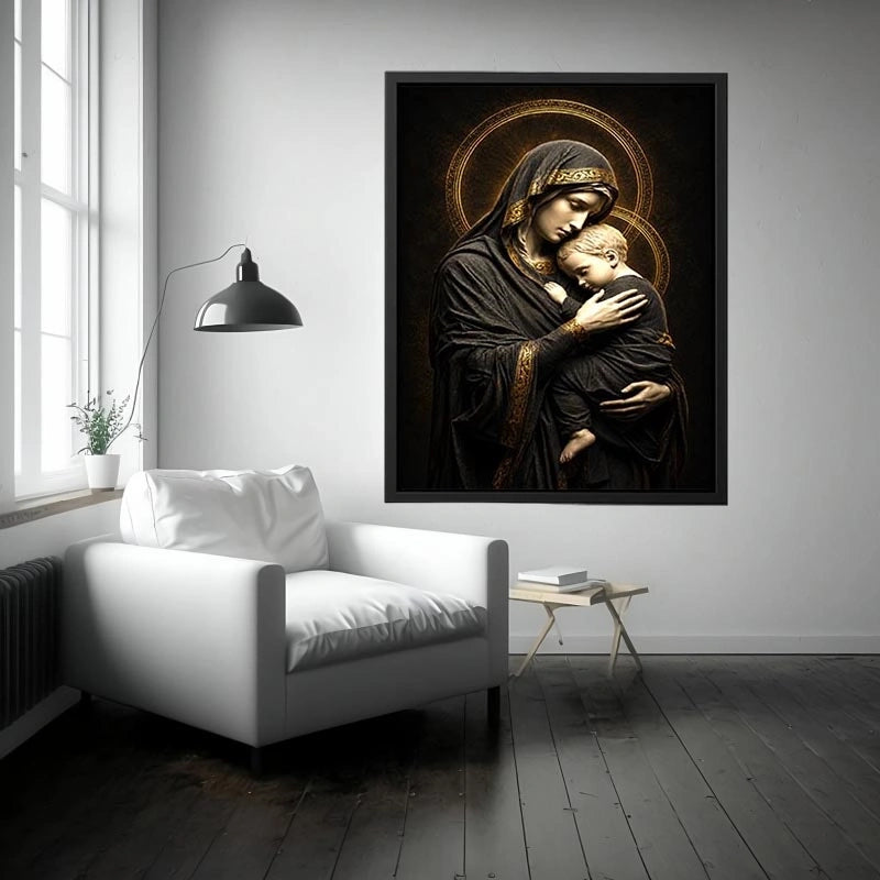 Black and gold Madonna and Child wall art with celestial halo luxury religious canvas print