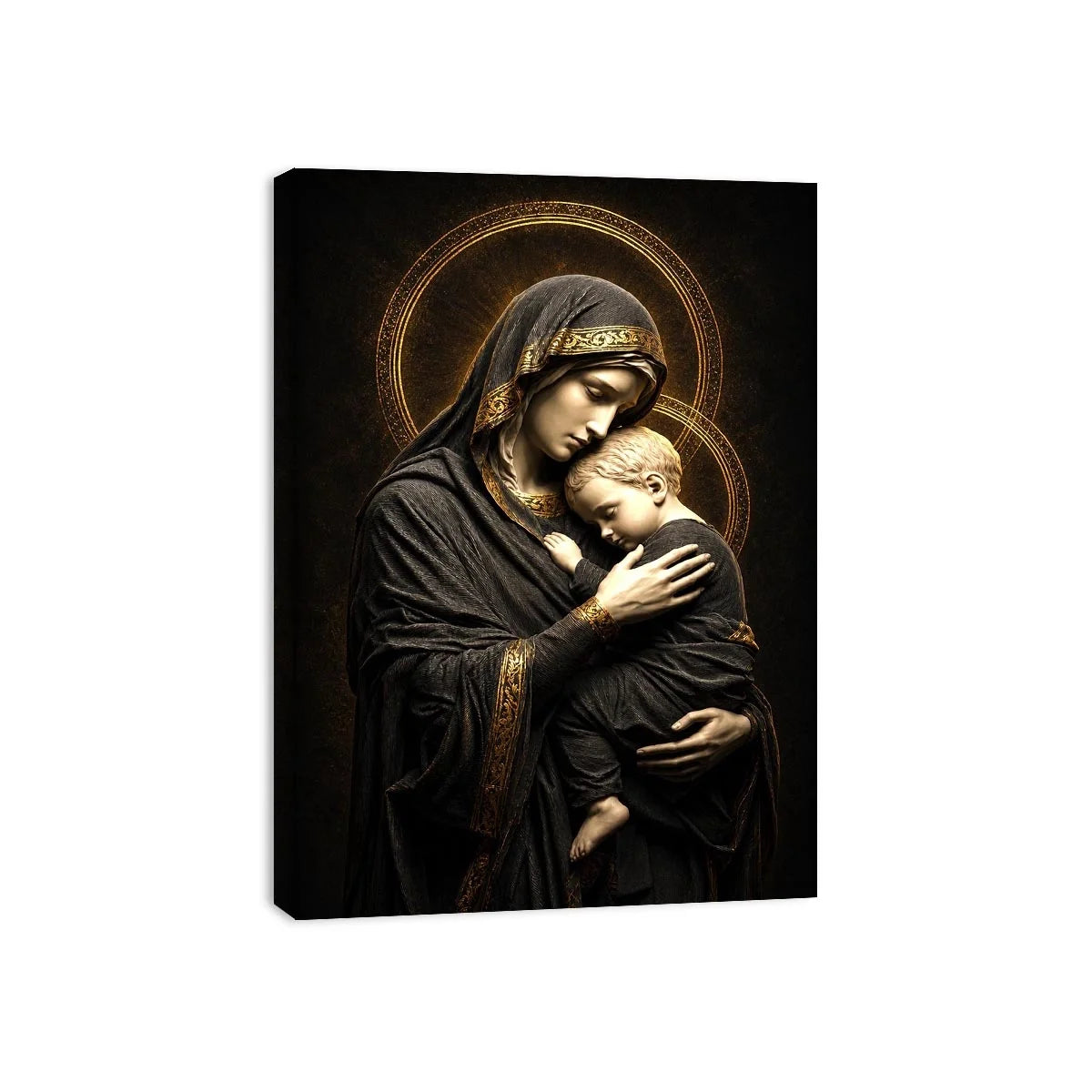 Black and gold Madonna and Child wall art with celestial halo luxury religious canvas print