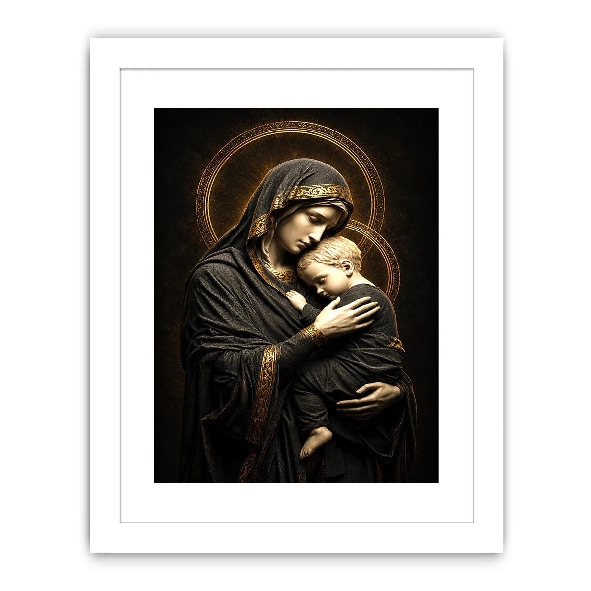 Black and gold Madonna and Child wall art with celestial halo luxury religious canvas print