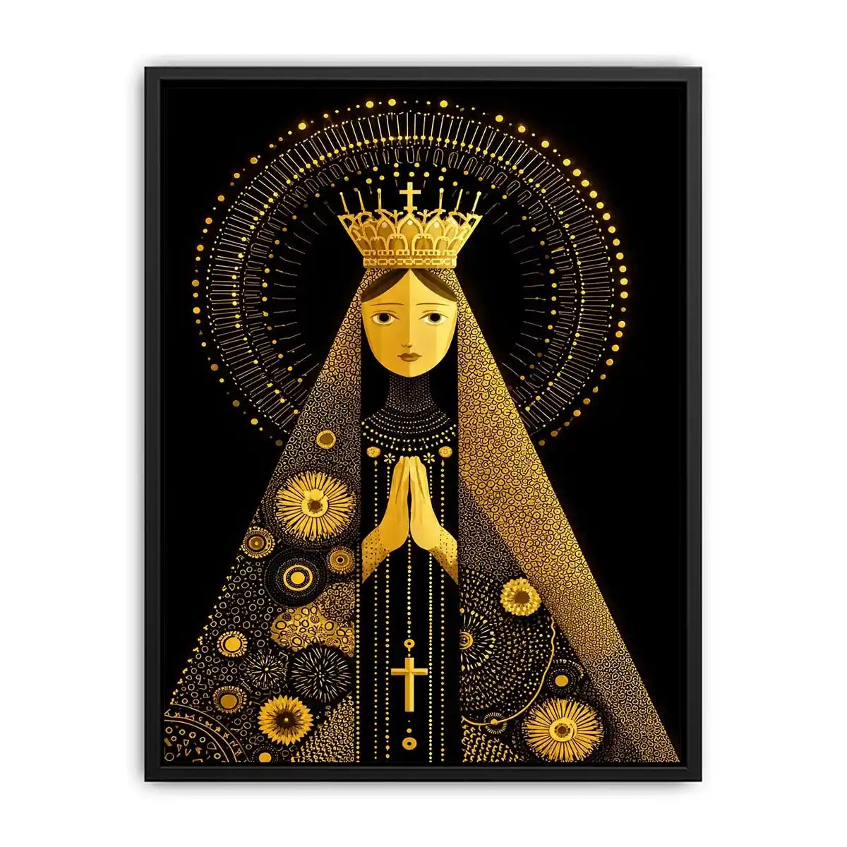 Black and gold Madonna wall art with celestial halo and crown minimalist religious canvas print