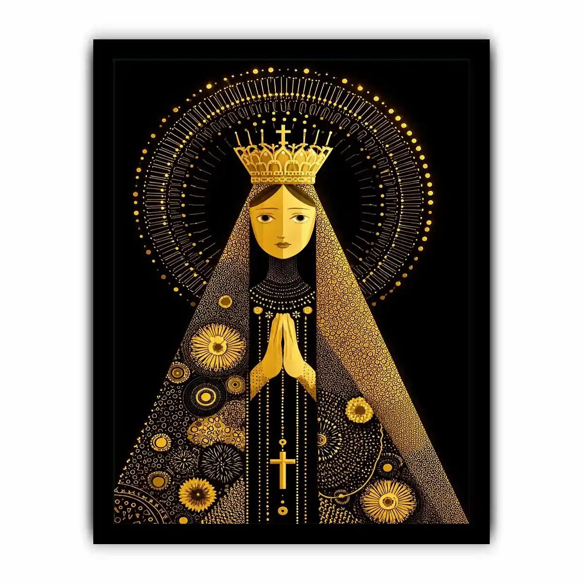 Black and gold Madonna wall art with celestial halo and crown minimalist religious canvas print
