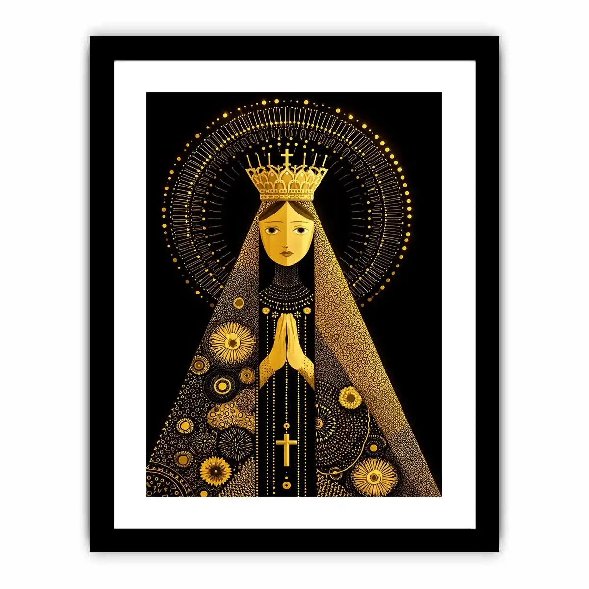 Black and gold Madonna wall art with celestial halo and crown minimalist religious canvas print