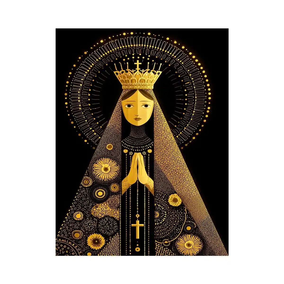 Black and gold Madonna wall art with celestial halo and crown minimalist religious canvas print