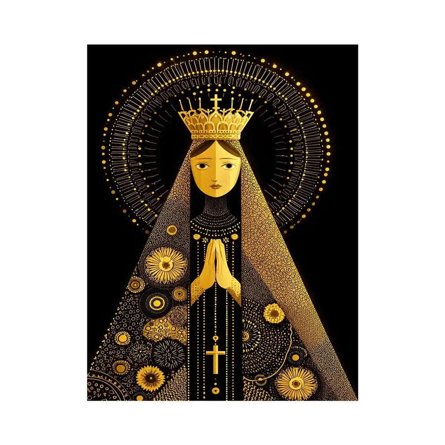 Black and gold Madonna wall art with celestial halo and crown minimalist religious canvas print