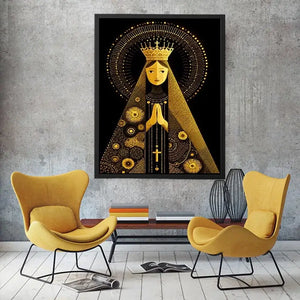 Black and gold Madonna wall art with celestial halo and crown minimalist religious canvas print