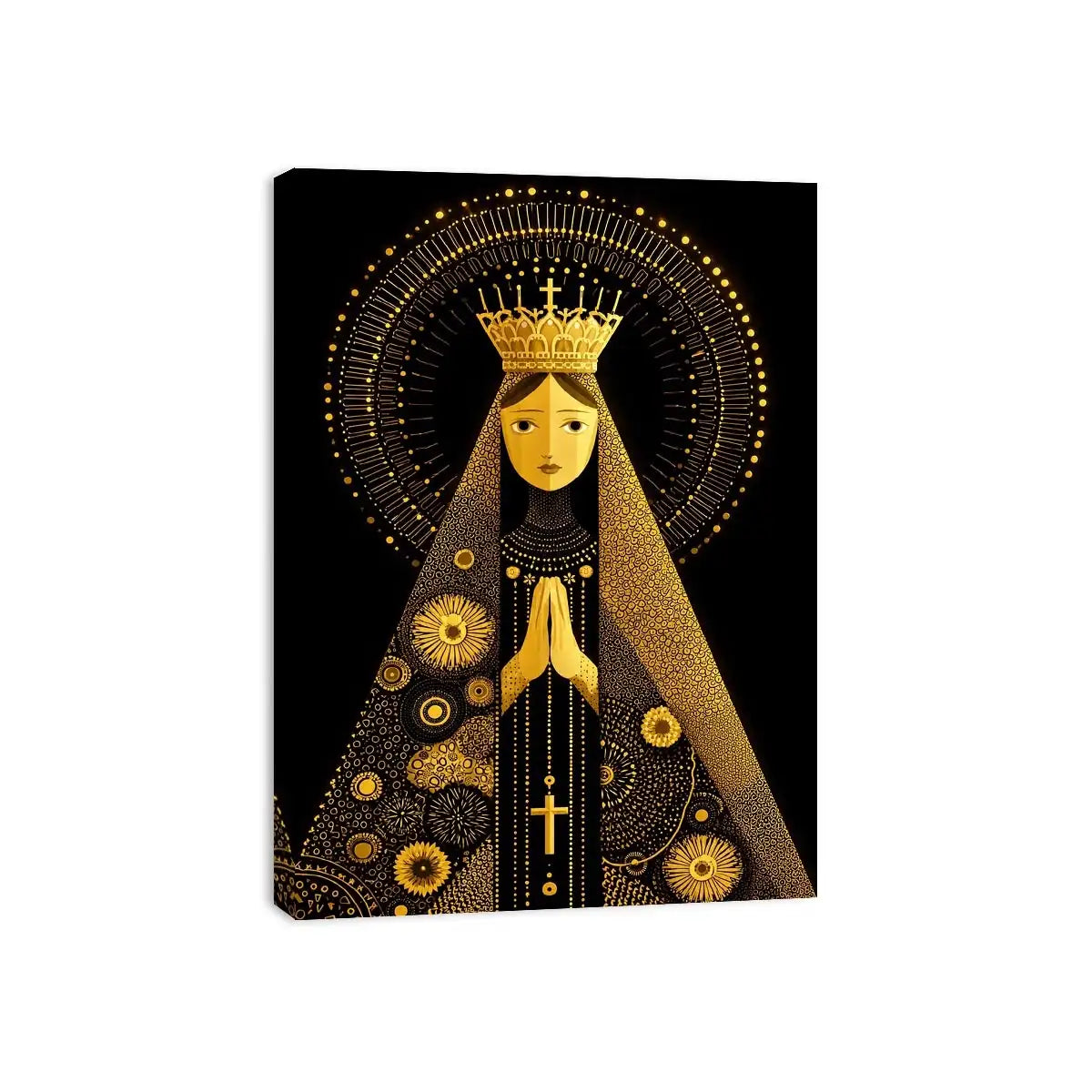 Black and gold Madonna wall art with celestial halo and crown minimalist religious canvas print