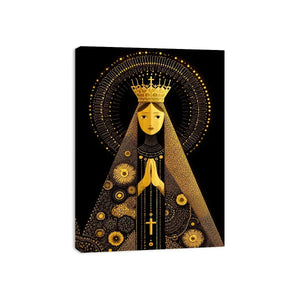 Black and gold Madonna wall art with celestial halo and crown minimalist religious canvas print