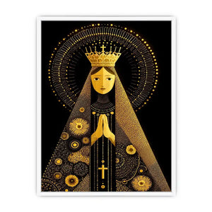 Black and gold Madonna wall art with celestial halo and crown minimalist religious canvas print