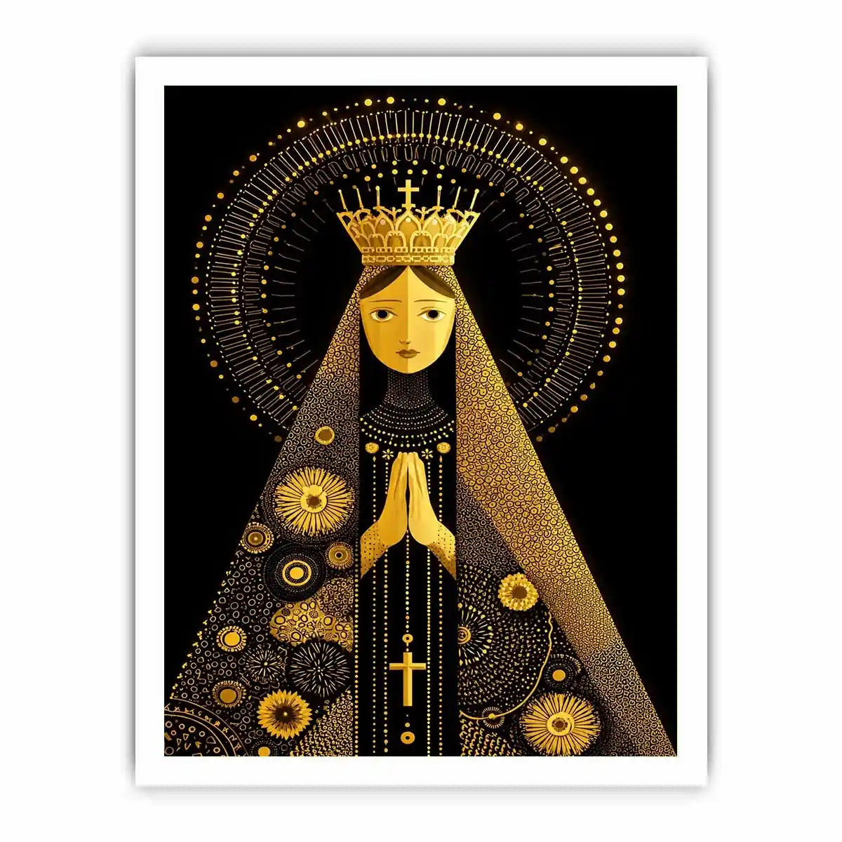 Black and gold Madonna wall art with celestial halo and crown minimalist religious canvas print