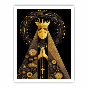 Black and gold Madonna wall art with celestial halo and crown minimalist religious canvas print