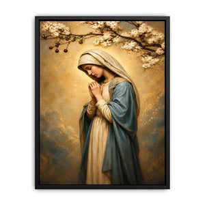 Virgin Mary praying wall art with blossoms and golden halo luxury religious canvas print