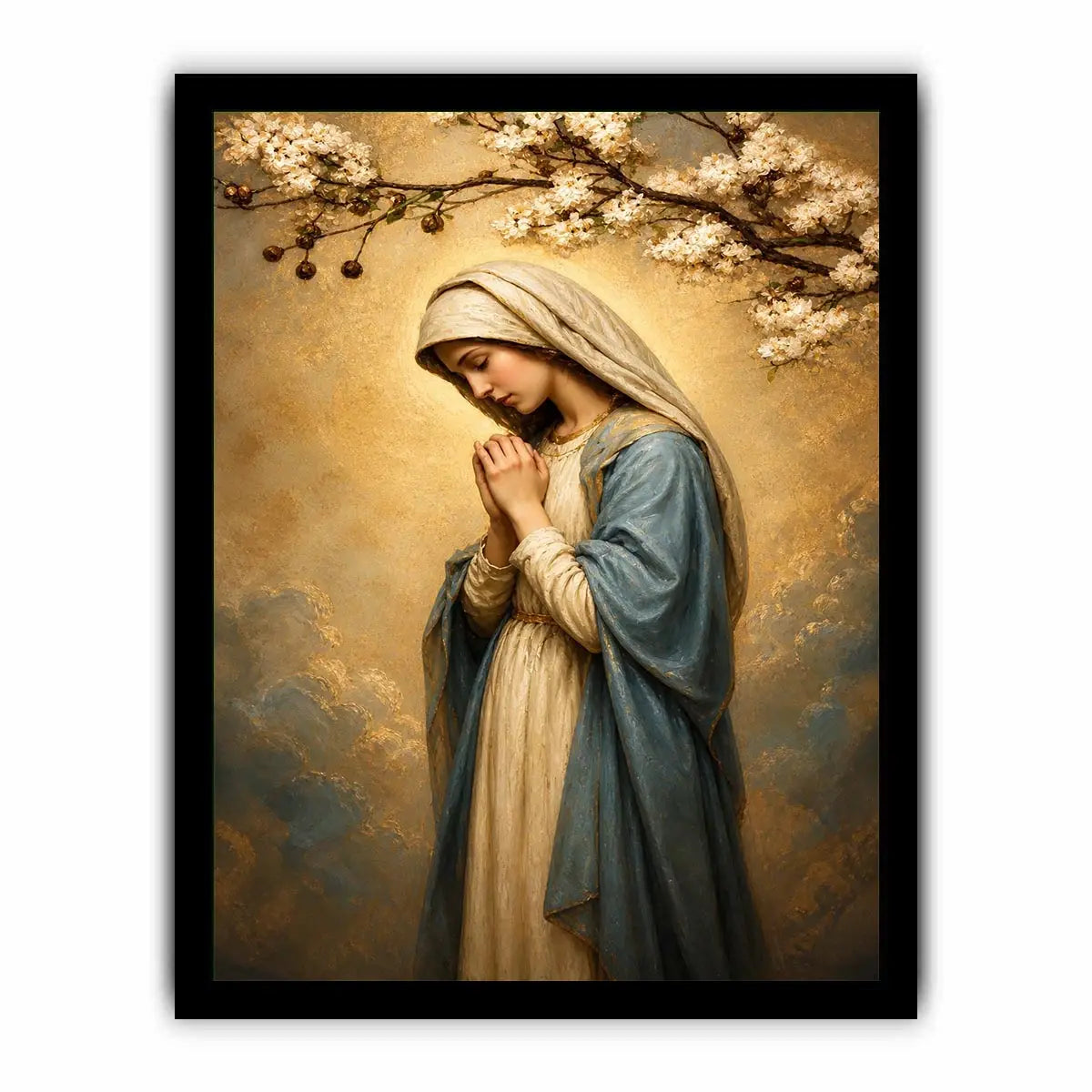 Virgin Mary praying wall art with blossoms and golden halo luxury religious canvas print