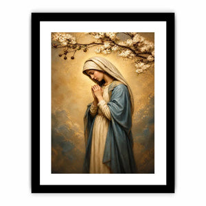 Virgin Mary praying wall art with blossoms and golden halo luxury religious canvas print