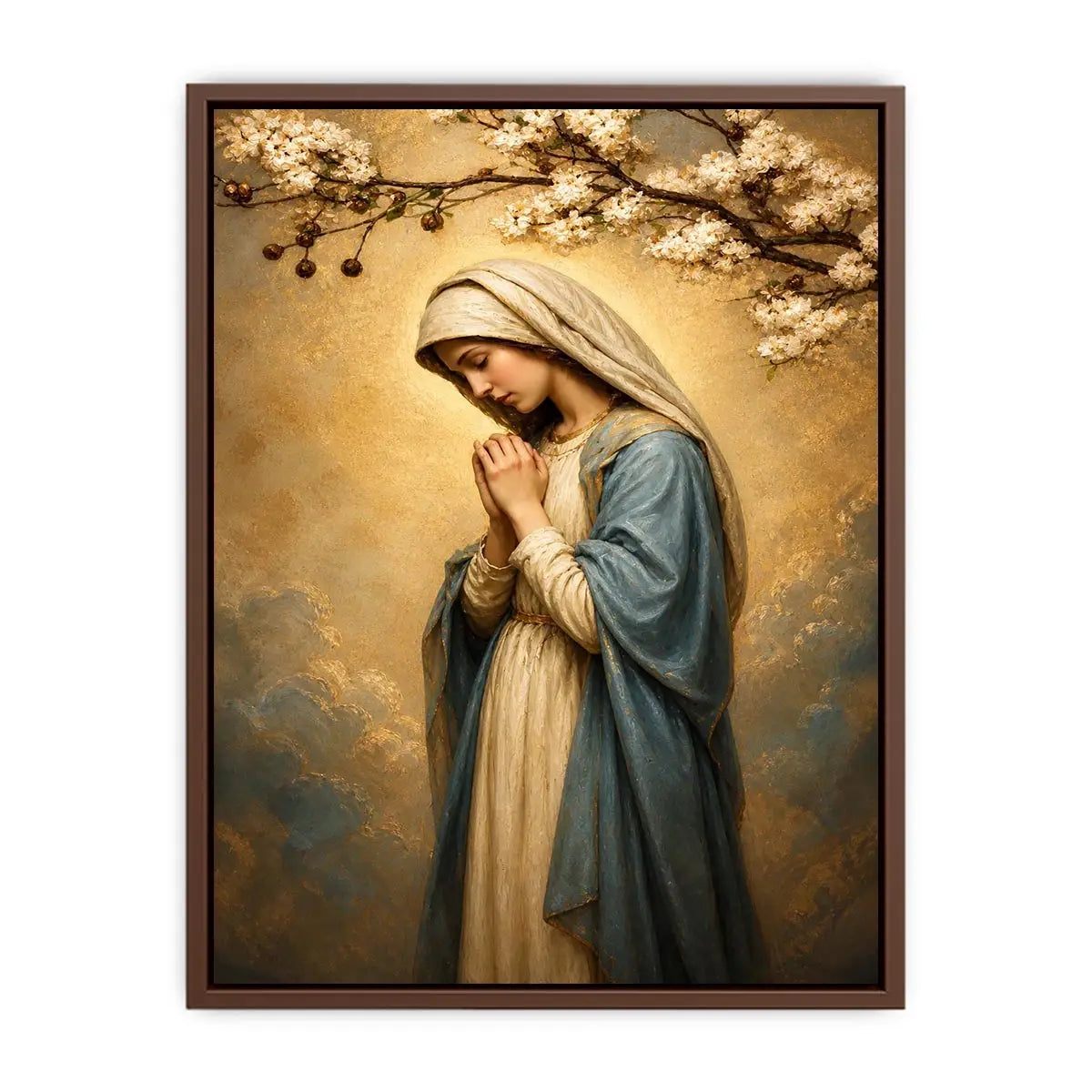Virgin Mary praying wall art with blossoms and golden halo luxury religious canvas print