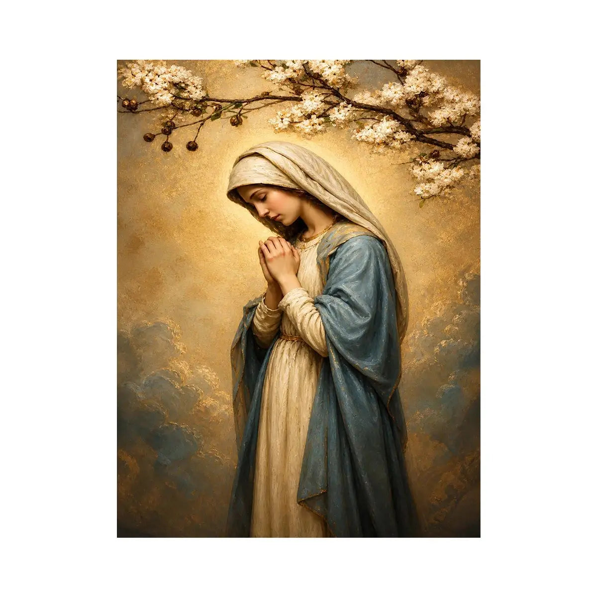 Virgin Mary praying wall art with blossoms and golden halo luxury religious canvas print