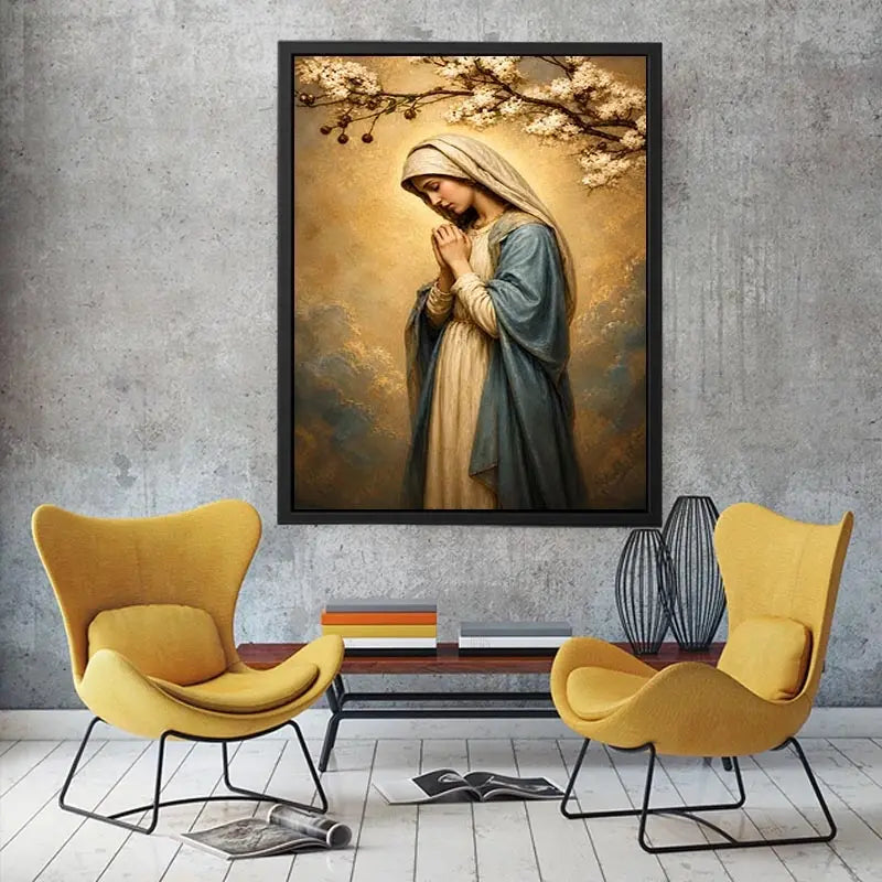 Virgin Mary praying wall art with blossoms and golden halo luxury religious canvas print