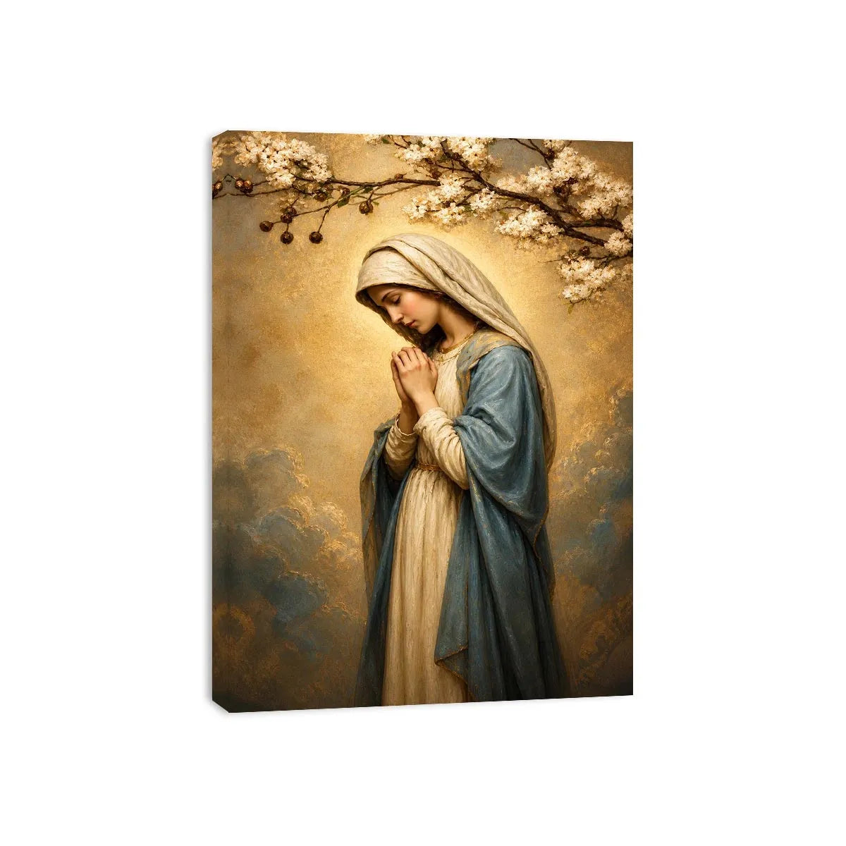 Virgin Mary praying wall art with blossoms and golden halo luxury religious canvas print